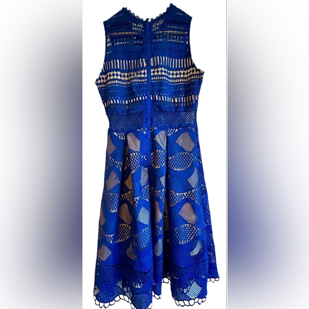 Zoe & Sam Royal Blue Battenberg Style Cut Out Lace Midi Statement Dress Size L - Picture 2 of 12